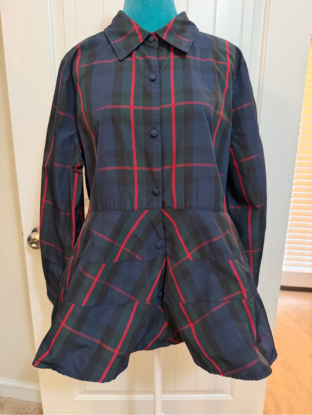 Pomander Place Navy & Red Plaid Ashen Peplum Top Sz XL